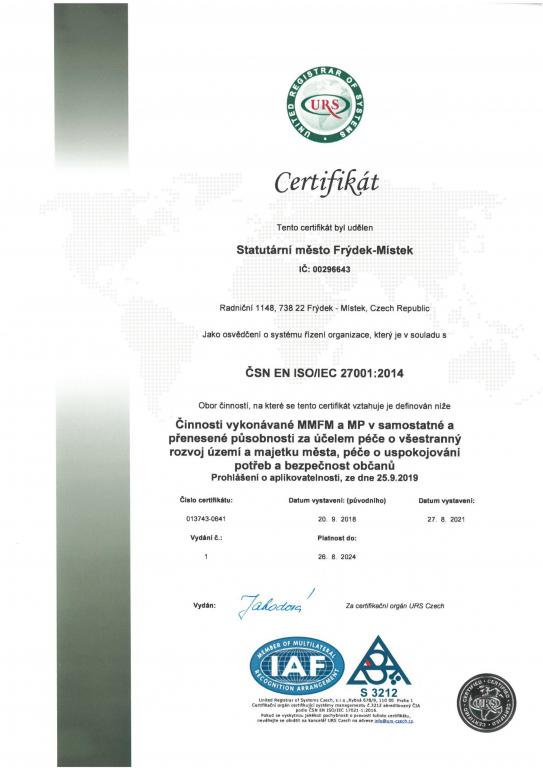 Certifikát ČSN EN ISO/IEC 27001:2014
