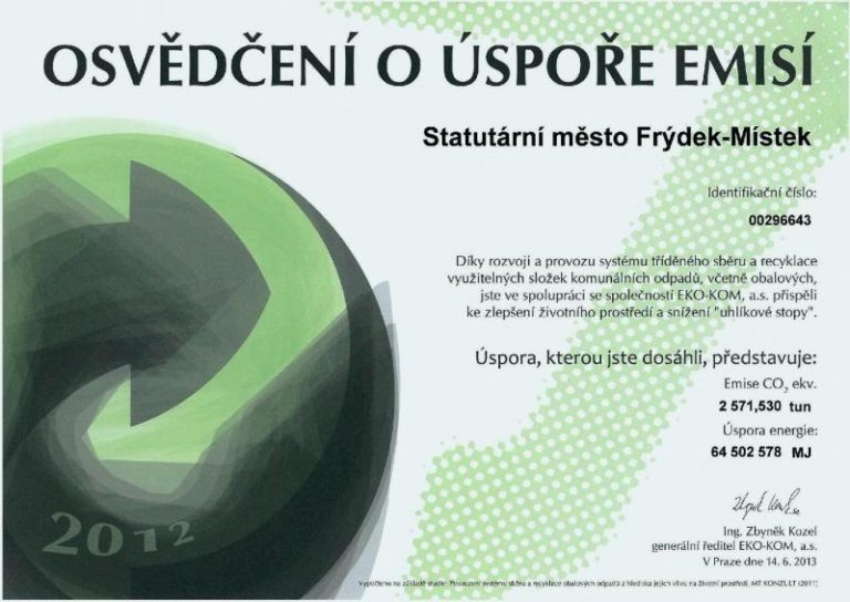 Město získalo osvědčení o úspoře emisí