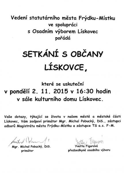 Setkání vedení města s občany Lískovce – 2. 11. 2015