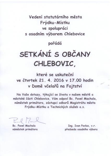 Setkání vedení města s občany Chlebovic – 21. 4. 2016