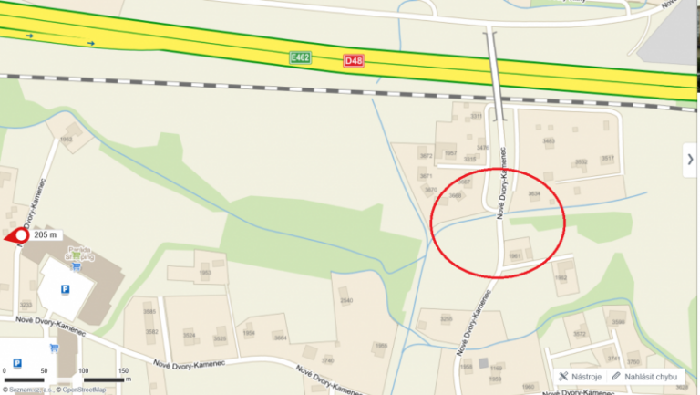 Zatopená cesta v lokalitě Nové Dvory Kamenec