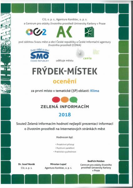 Město Frýdek-Místek uspělo v soutěži Zelená informacím