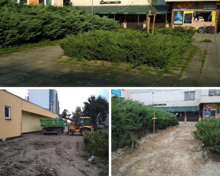 Oprava plochy před prodejnou potravin se přizpůsobuje vzrostlým keřům