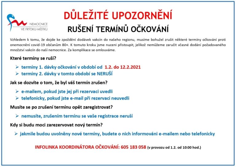 Upozornění nemocnice na rušení termínů očkování