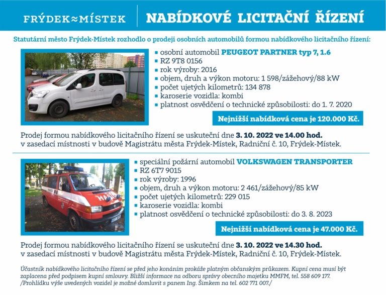 MĚSTO PRODÁVÁ DVA AUTOMOBILY V LICITAČNÍM ŘÍZENÍ