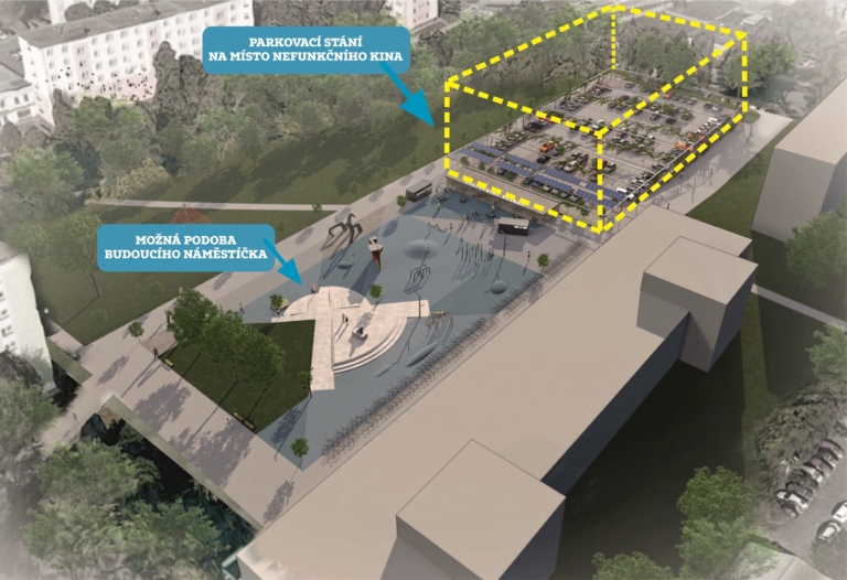 CHÁTRAJÍCÍ BUDOVU NEFUNKČNÍHO KINA NAHRADÍ PARKOVACÍ STÁNÍ, POZDĚJI PARKOVACÍ DŮM